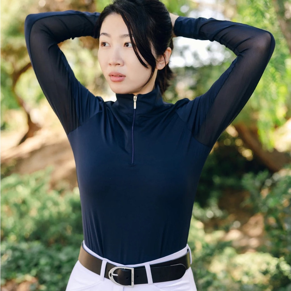 Navy Long-Sleeve Mock Neck Zip Athletic Top